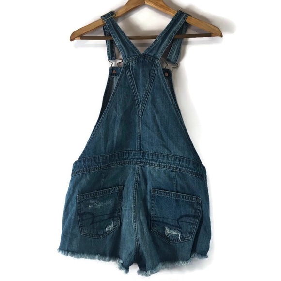 American Eagle Distressed Denim Overalls Shorts Shortalls XS EUC - Picture 2 of 11